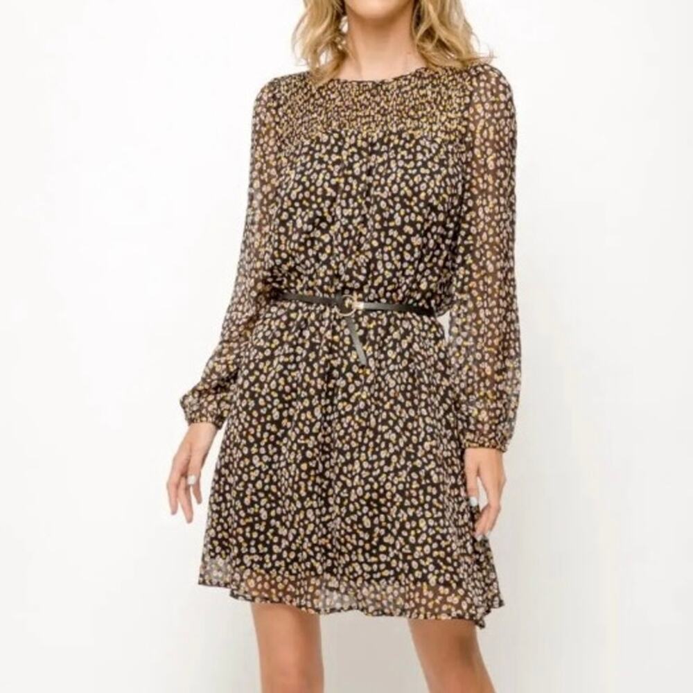 Mystree Black Spotted Print Sheer Sleeve A-Line Dress Medium NWT